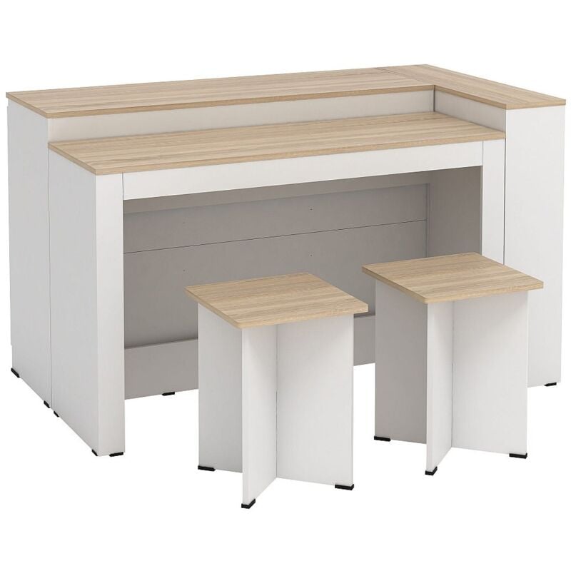Vente-unique - Ensemble îlot central de cuisine + 2 tabourets - Blanc et Naturel clair - nusice