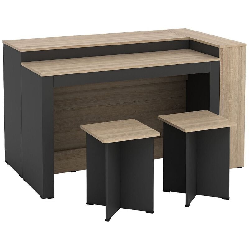 Vente-unique - Ensemble îlot central de cuisine + 2 tabourets - Noir et naturel clair - nusice