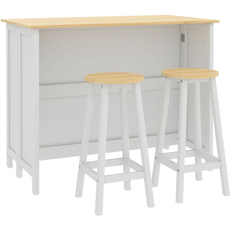 Homcom - Ensemble îlot central de cuisine avec 2 tabourets de bar - 4 portes, 2 étagères - plateau, pans rabattable - mdf blanc chêne clair verni