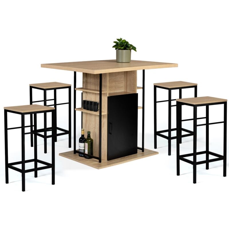 Ensemble ilot central 110 cm bois noir et imitation hêtre et 4 tabourets design industriel