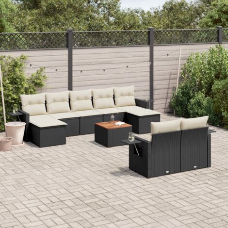Ensemble jardin 10 places noir résine tressée avec coussins crème - Salon complet table et repose-pieds
