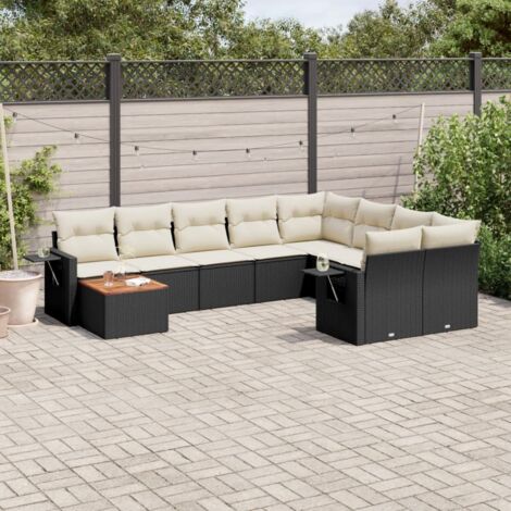 Ensemble Jardin 10 Places Noir Résine Tressée avec Coussins Crème - Salon d'Extérieur Modulaire avec Table Acacia
