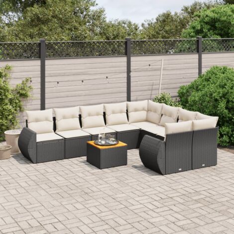 Ensemble Jardin 10 Places Noir Résine Tressée avec Coussins Crème - Salon d'Extérieur Modulaire en Polyrotin avec Table Acacia
