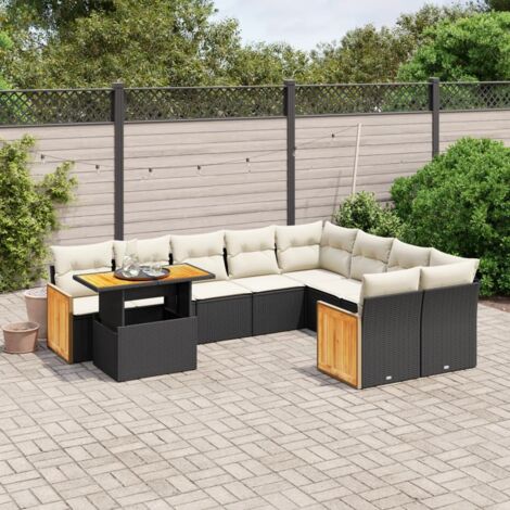 Ensemble Jardin 10 Places Noir Résine Tressée avec Coussins Crème - Salon Extérieur Modulable Table Réglable
