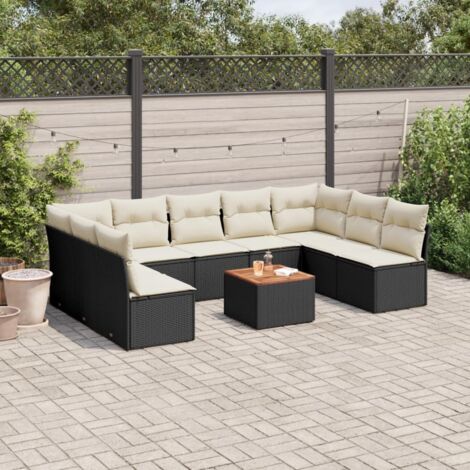 Ensemble Jardin 10 Places Noir Résine Tressée avec Coussins Crème - Salon Extérieur Modulaire Table Acacia