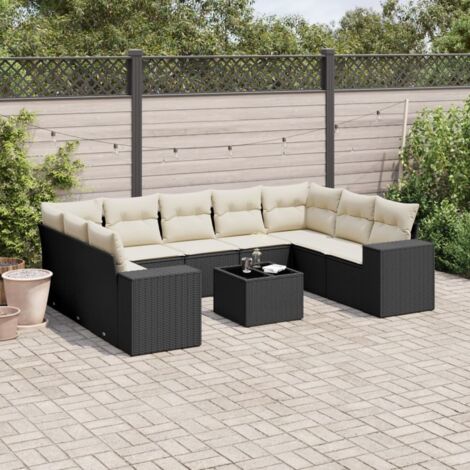 Ensemble Jardin 10 Places Noir Résine Tressée avec Coussins Crème - Salon Extérieur Modulaire Table Verre Trempé