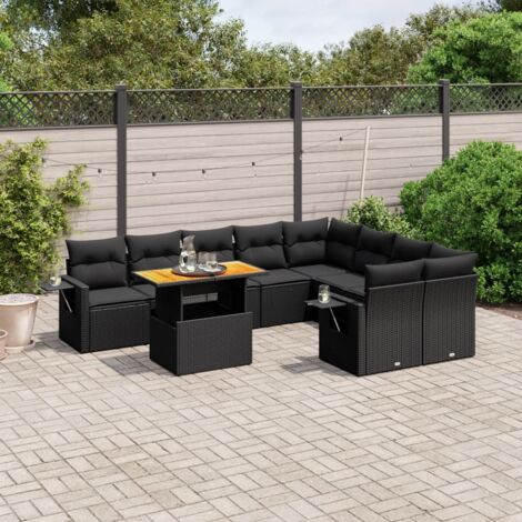 Ensemble Jardin 10 Places Noir Résine Tressée avec Coussins - Salon Extérieur Modulaire avec Table Réglable Acacia