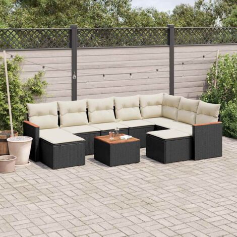 Ensemble jardin 10 places noir résine tressée avec table acacia et coussins crème - Mobilier extérieur modulaire avec rangement intégré