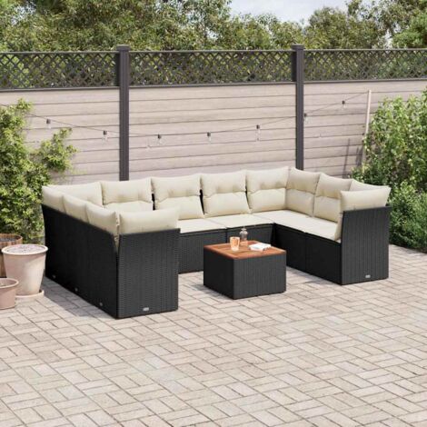 Ensemble Jardin 10 Places Noir Résine Tressée - Salon Extérieur avec Coussins Crème, Table Acacia et Sièges Modulaires