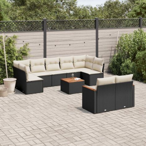 Ensemble Jardin 10 Places Noir Résine Tressée - Salon Extérieur Modulaire avec Coussins Crème et Table Acacia