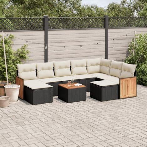 Ensemble Jardin 10 Places Résine Tressée Noir avec Coussins Crème - Salon d'Extérieur Modulaire en Polyrotin avec Table Acacia