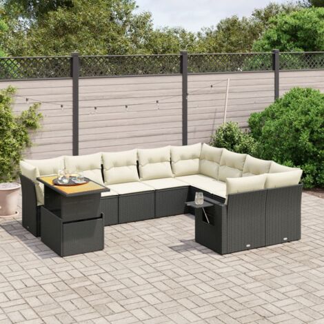 Ensemble Jardin 10 Places Résine Tressée Noir avec Coussins Crème - Salon Extérieur Modulaire Table Réglable