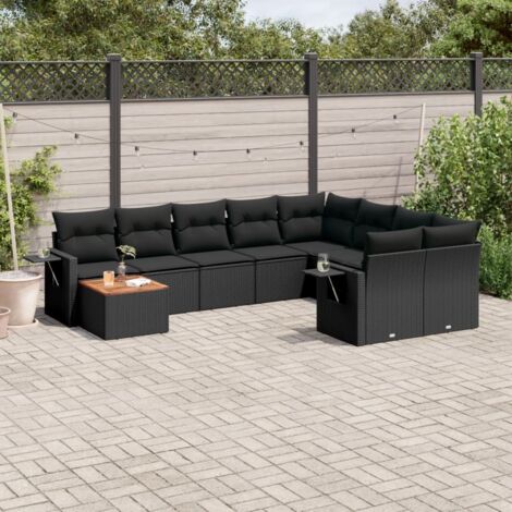 Ensemble Jardin 10 Places Résine Tressée Noir avec Coussins - Salon d'Extérieur Modulaire avec Tables et Espaces de Rangement