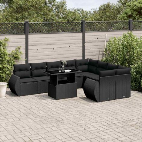 Ensemble Jardin 10 Places Résine Tressée Noir avec Coussins - Salon Extérieur Modulable, Table Réglable et Housses Lavables