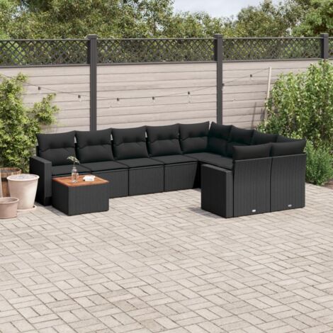 Ensemble jardin 10 places résine tressée noir avec coussins - Salon extérieur modulaire acacia 9 sièges + table