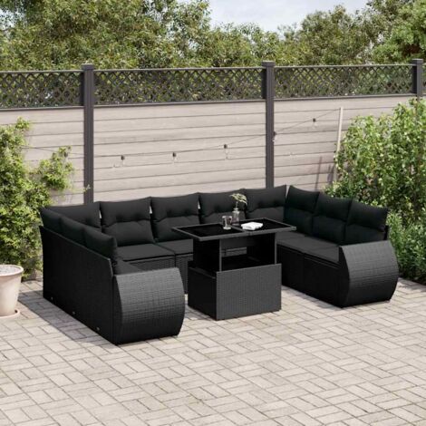 Ensemble Jardin 10 Places Résine Tressée Noir avec Coussins - Salon Extérieur Modulaire avec Table Réglable Verre Trempé