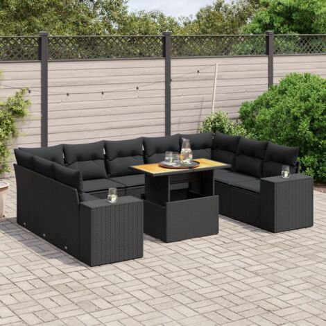 Ensemble jardin 10 places résine tressée noir avec coussins - Salon extérieur modulaire table ajustable