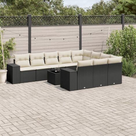 Ensemble Jardin 11 Pièces Noir Résine Tressée - Salon Extérieur avec Table Verre Trempé et Coussins Détachables