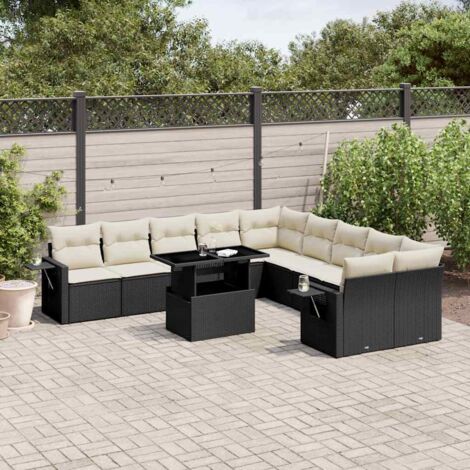Ensemble Jardin 11 Pièces Noir Résine Tressée - Salon Extérieur Modulable avec Table Réglable et Coussins Crème