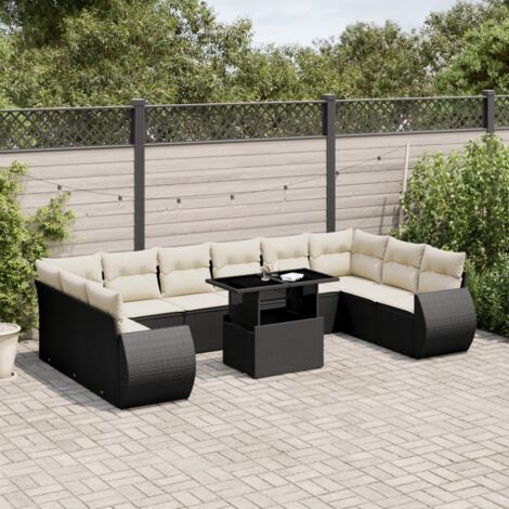 Ensemble Jardin 11 Pièces Résine Tressée Noir avec Coussins Crème - Salon Extérieur Modulable Table Réglable