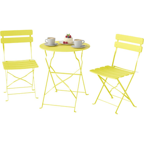 Ensemble Jardin 3 Pièces Table et 2 Chaises Pliantes à Lattes Antirouille Jaune
