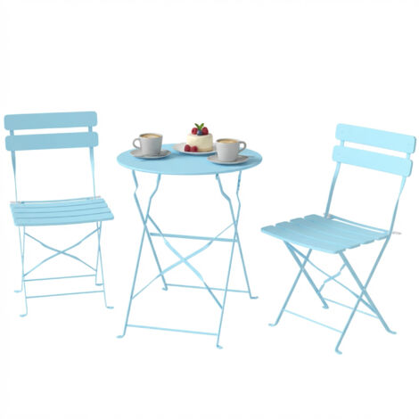 Ensemble Jardin 3 Pièces Table Pliante + 2 Chaises Pliantes à Lattes Bleu Clair Double Protection Antirouille