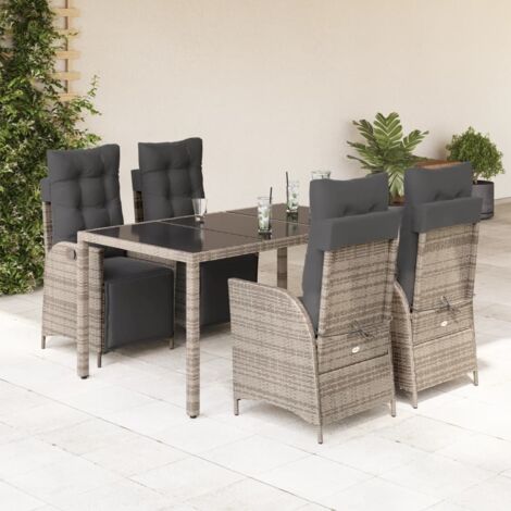 Ensemble Jardin 5 Pièces Gris Résine Tressée avec Coussins et Table en Verre Trempé 150x90 cm