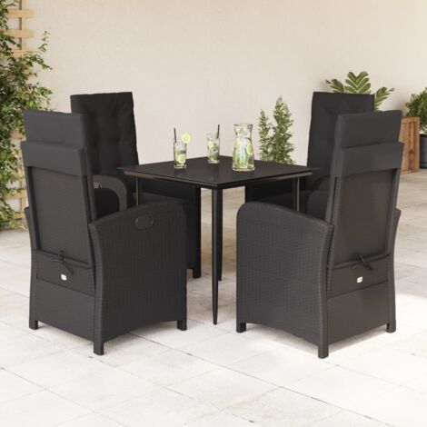 Ensemble Jardin 5 Pièces Noir Résine Tressée avec Coussins, Table Verre Trempé 80x80 cm, 4 Chaises Inclinables