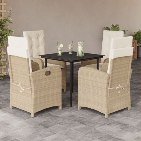 Ensemble Jardin 5 pièces Poly-Rotin Beige 4 Chaises Inclinables et Table en Verre 80x80cm avec Coussins Lavables