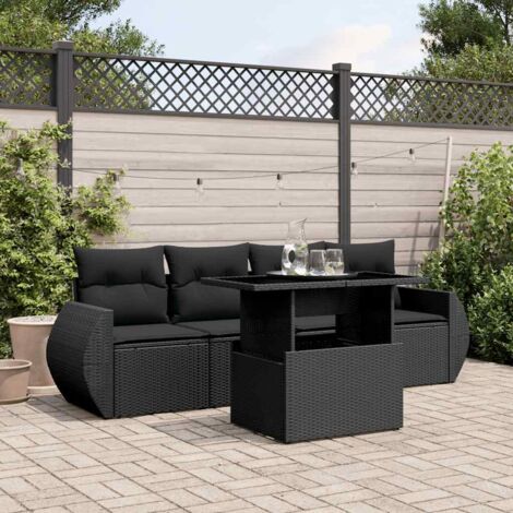 Ensemble Jardin 5 Pièces Résine Tressée Noir avec Coussins - Salon Extérieur Modulable Table Réglable