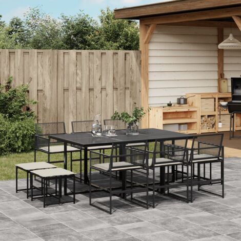 Ensemble Jardin 5 Pièces (Table + 4 Fauteuils) Noir : Table Verre 140x70cm, Chaises Résine Tressée Acier avec Coussins Crème
