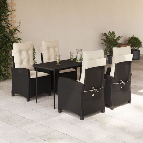 Ensemble Jardin 5 Places avec Coussins Noir Résine Tressée & Verre Trempé - Table 140x70 cm, 4 Fauteuils inclinables avec Housse lavable - UV