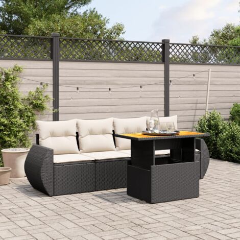 Ensemble Jardin 5 Places Noir Résine Tressée avec Coussins Crème - Table Réglable Acacia - Meuble Extérieur Modulaire