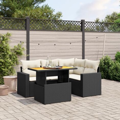 Ensemble Jardin 5 Places Noir Résine Tressée - Salon Extérieur Modulable avec Table Acacia et Coussins Détachables