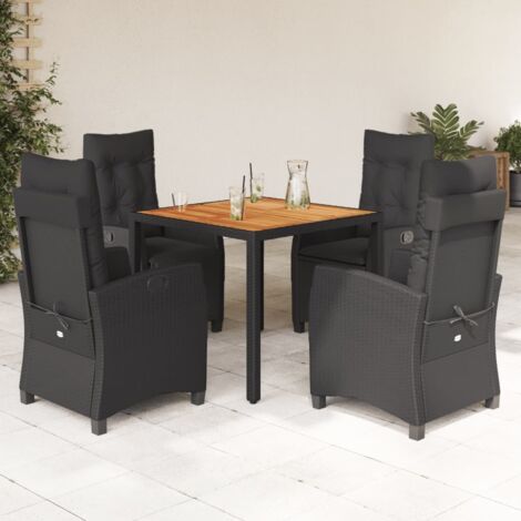 Ensemble Jardin 5 Places Noir Table Acacia 90x90 cm + 4 Chaises Relax Réglables en Résine Tressée avec Coussins Lavables