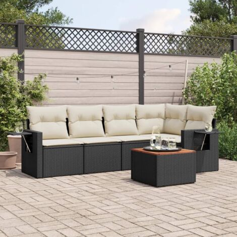 Ensemble Jardin 6 Places Noir Résine Tressée avec Coussins Crème - Salon d'Extérieur Modulaire en Polyrotin avec Table Acacia