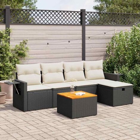 Ensemble Jardin 6 Places Noir Résine Tressée avec Coussins Crème - Salon Extérieur Modulaire avec Rangement et Table Acacia