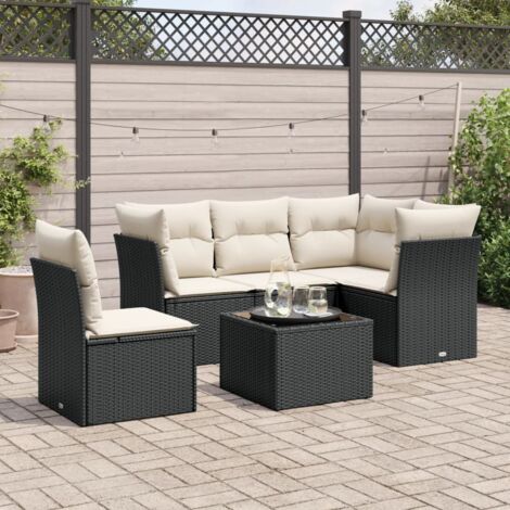 Ensemble Jardin 6 Places Noir Résine Tressée avec Coussins Crème - Salon Extérieur Modulaire avec Table Verre et Rangement