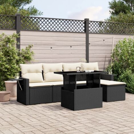 Ensemble Jardin 6 Places Noir Résine Tressée avec Coussins Crème - Salon Extérieur Modulaire Table Réglable