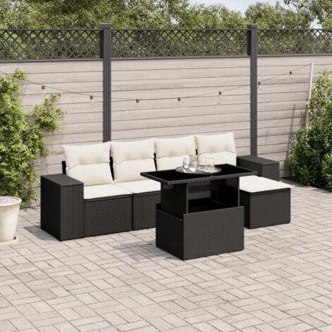 Ensemble Jardin 6 Places Noir Résine Tressée avec Coussins Crème - Table Réglable Salon Extérieur