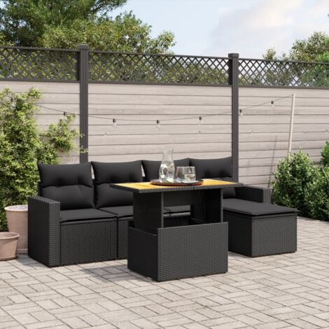 Ensemble Jardin 6 Places Noir Résine Tressée avec Coussins - Salon Extérieur Modulable Table Réglable et Mobilier Terrasse Design
