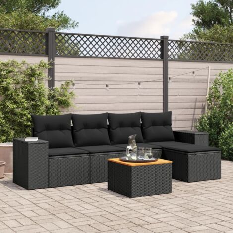 Ensemble Jardin 6 Places Noir Résine Tressée avec Coussins - Salon Extérieur Modulaire avec Table Acacia et Espaces Rangement