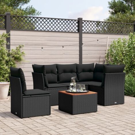 Ensemble Jardin 6 Places Noir Résine Tressée avec Coussins - Salon Extérieur Modulaire avec Table Acacia et Rangement Intégré