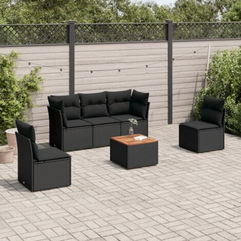 Ensemble Jardin 6 Places Noir Résine Tressée avec Table Acacia et Coussins Amovibles