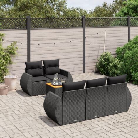 Ensemble jardin 6 places noir résine tressée avec table acacia et coussins confortables - Salon extérieur modulaire 5 sièges + table basse