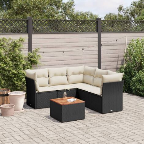 Ensemble Jardin 6 Places Noir Résine Tressée avec Table Acacia et Coussins Crème - Meuble Extérieur Modulaire avec Rangement