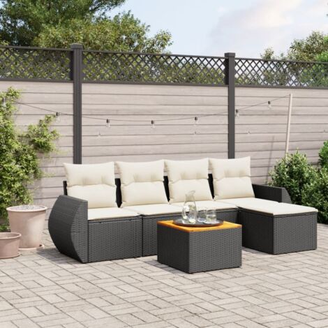 Ensemble jardin 6 places noir résine tressée avec table acacia et coussins crème - Salon extérieur modulaire