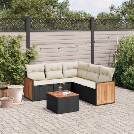 Ensemble jardin 6 places noir résine tressée avec table acacia et coussins déhoussables - Salon extérieur modulaire résistant aux intempéries