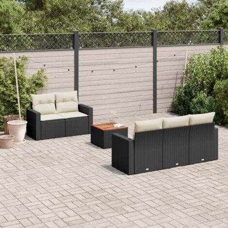 Ensemble jardin 6 places noir résine tressée avec table acacia et coussins lavables - Salon extérieur modulaire