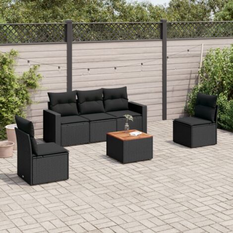 Ensemble Jardin 6 Places Noir Résine Tressée avec Table Acacia et Coussins Lavables - Salon Extérieur Modulaire avec Rangement Intégré